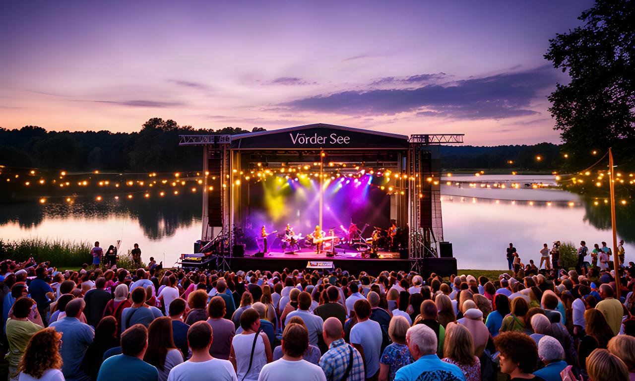 Besucherinnen und Besucher beim Vörder See Open Air mit Bühne, Lichterketten und sommerlicher Abendstimmung