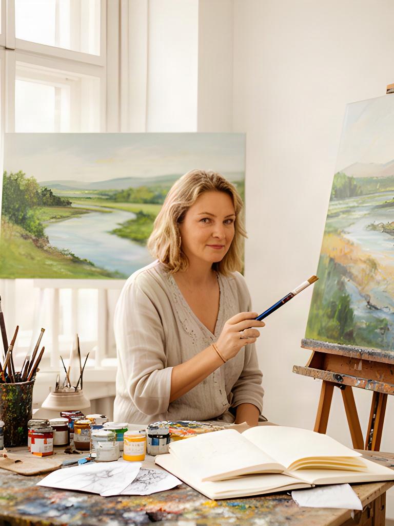 Malerin Lisa von der Oste in ihrem hellen Atelier mit Pinsel und Landschaftsgemälden