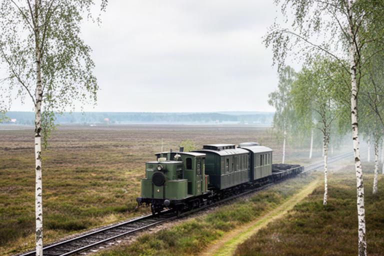 Historische Moorbahn fährt durch die weite Landschaft bei Hesedorf mit Birken und Torfflächen