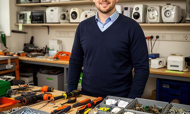 Gründer in einer Werkstatt mit reparierten Elektrogeräten und sortierten Ersatzteilen in Bremervörde