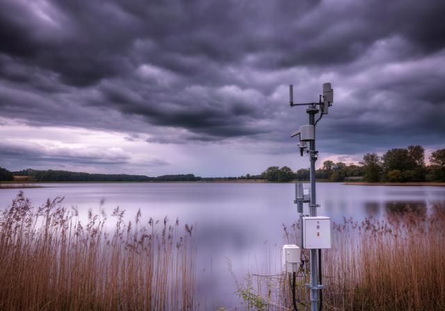 Wetterstation am Vörder See bei Bremervörde mit dunklen Wolken, Schilf und ruhigem Wasser